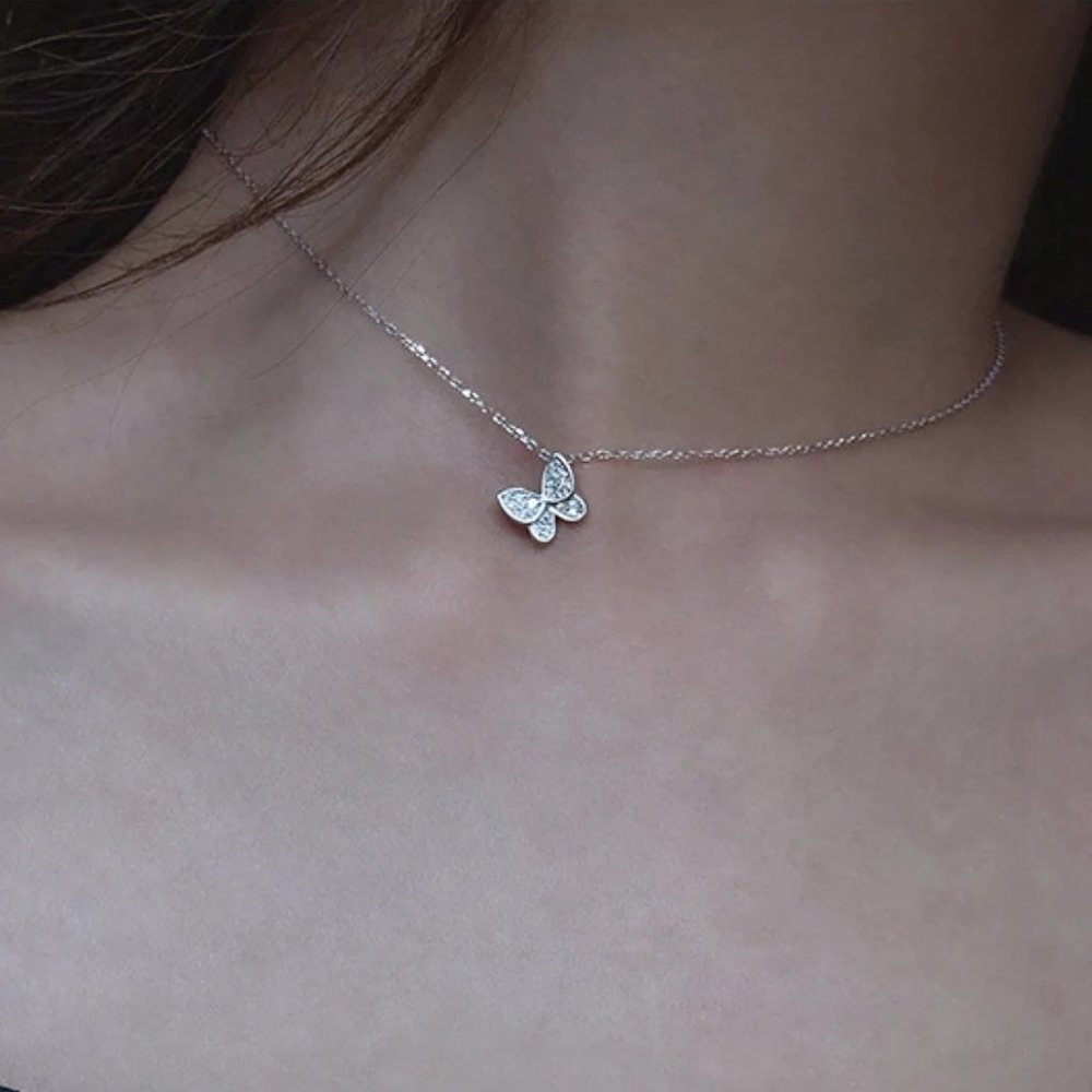 NEW 925 Sterling Silver Diamond Butterfly Necklace